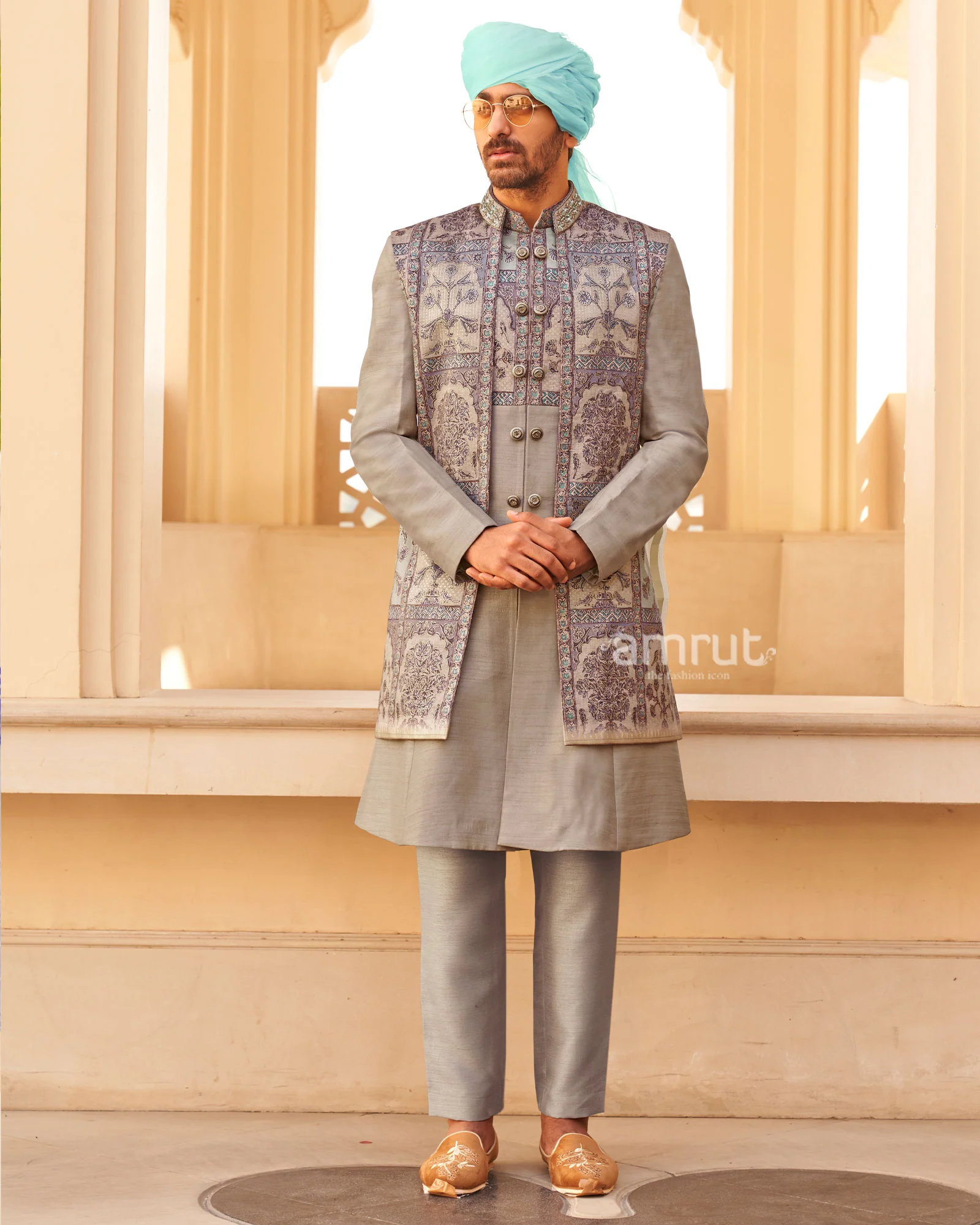 Grey Anarkali Dress and Men Blue Kurta Set with Printed Coat - Image 4