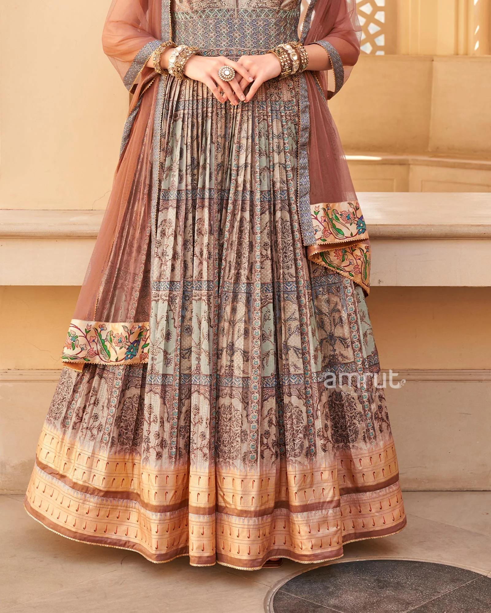 Grey Anarkali Dress and Men Blue Kurta Set with Printed Coat - Image 5