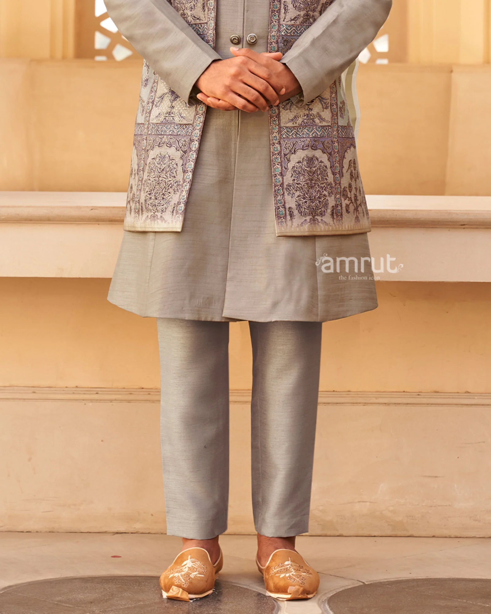 Grey Anarkali Dress and Men Blue Kurta Set with Printed Coat - Image 6