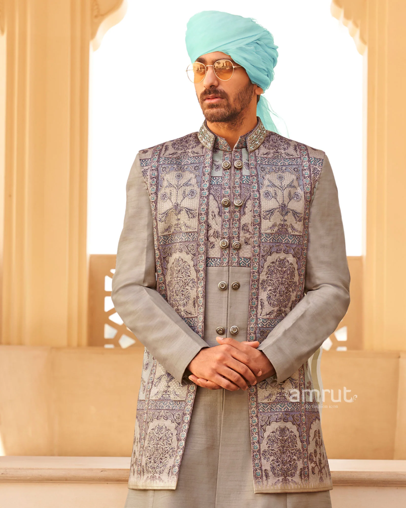 Grey Anarkali Dress and Men Blue Kurta Set with Printed Coat - Image 7