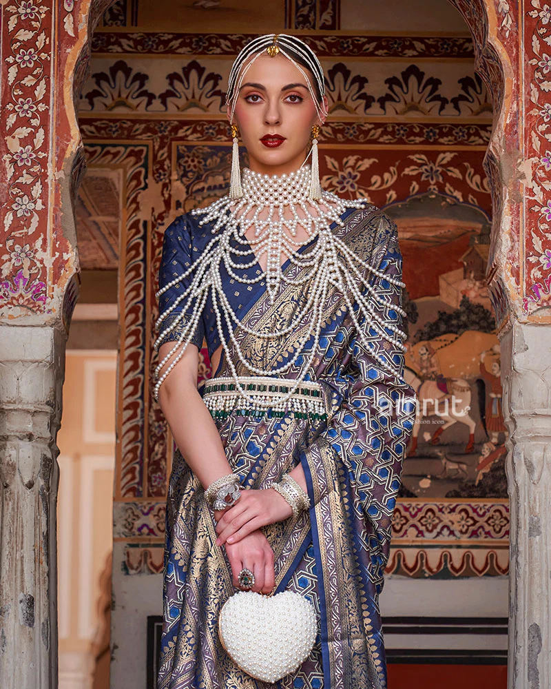 Grey and Blue Printed Silk Saree with Zari Border and Unstitched Blouse - Image 2