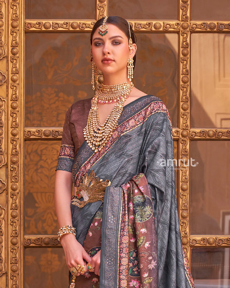 Grey and Brown Border Printed Silk Saree with Unstitched Blouse - Image 2