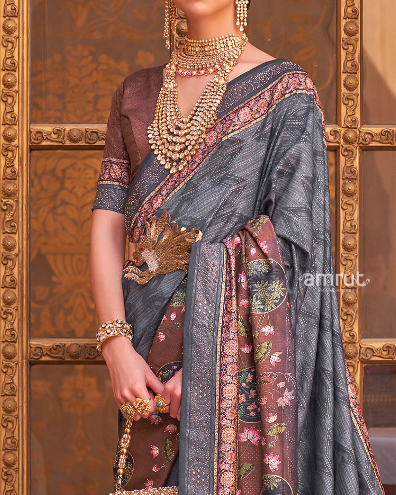 Grey and Brown Border Printed Silk Saree with Unstitched Blouse - Image 3