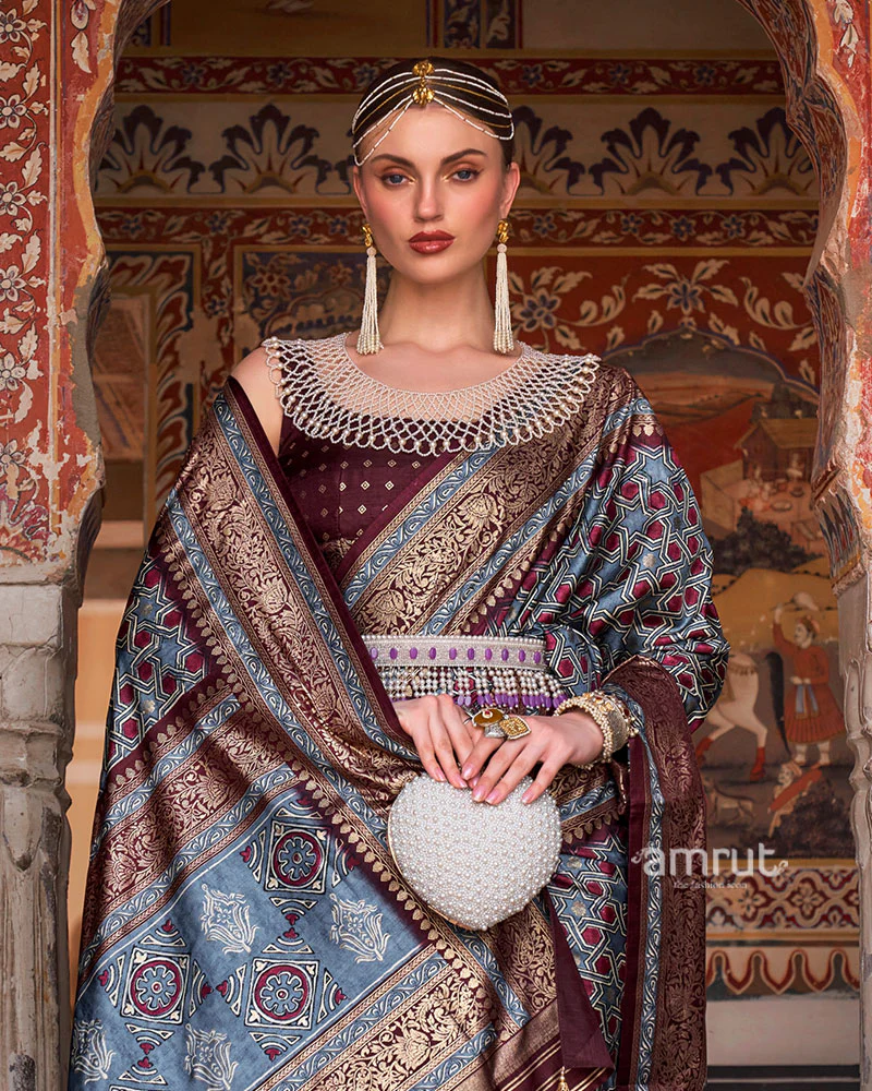 Grey and Maroon Printed Silk Saree with Zari Border and Unstitched Blouse - Image 2