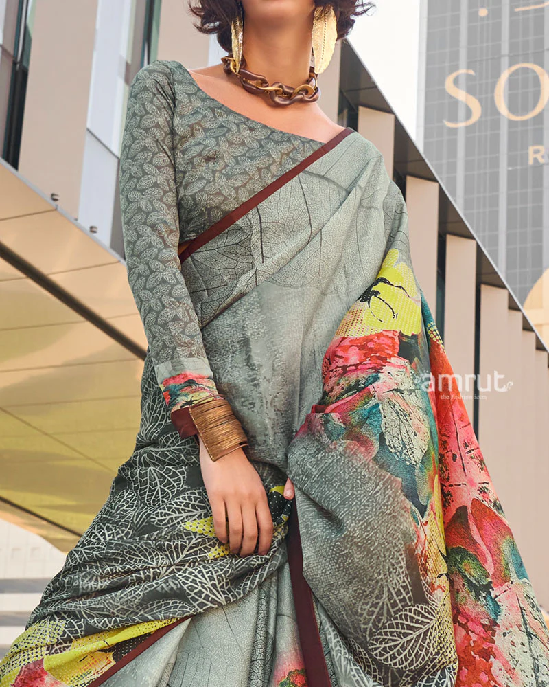 Grey and Multicolor Digital Print Satin Saree with Unstitched Blouse - Image 2