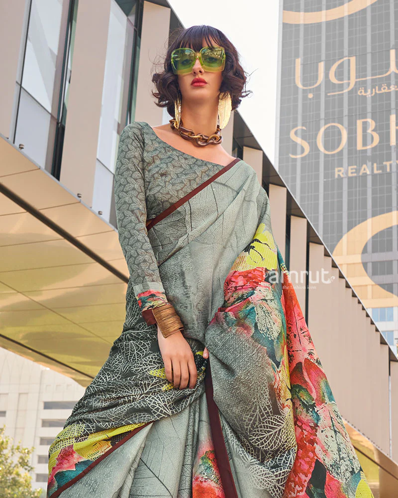 Grey and Multicolor Digital Print Satin Saree with Unstitched Blouse - Image 3