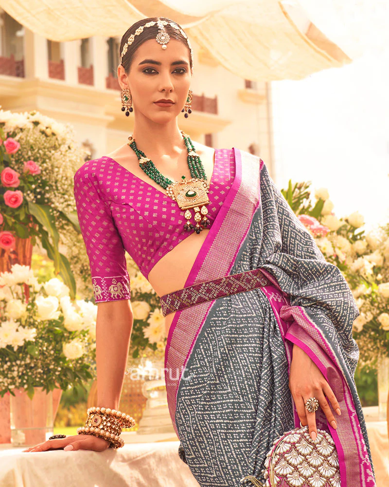 Grey and Pink Zari Border Patola Silk Saree with Unstitched Blouse - Image 2