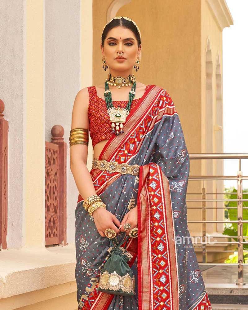 Grey and Red Ethnic Printed Patola Silk Saree with Unstitched Blouse - Image 2