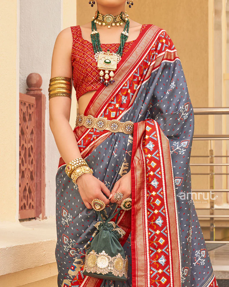 Grey and Red Ethnic Printed Patola Silk Saree with Unstitched Blouse - Image 3