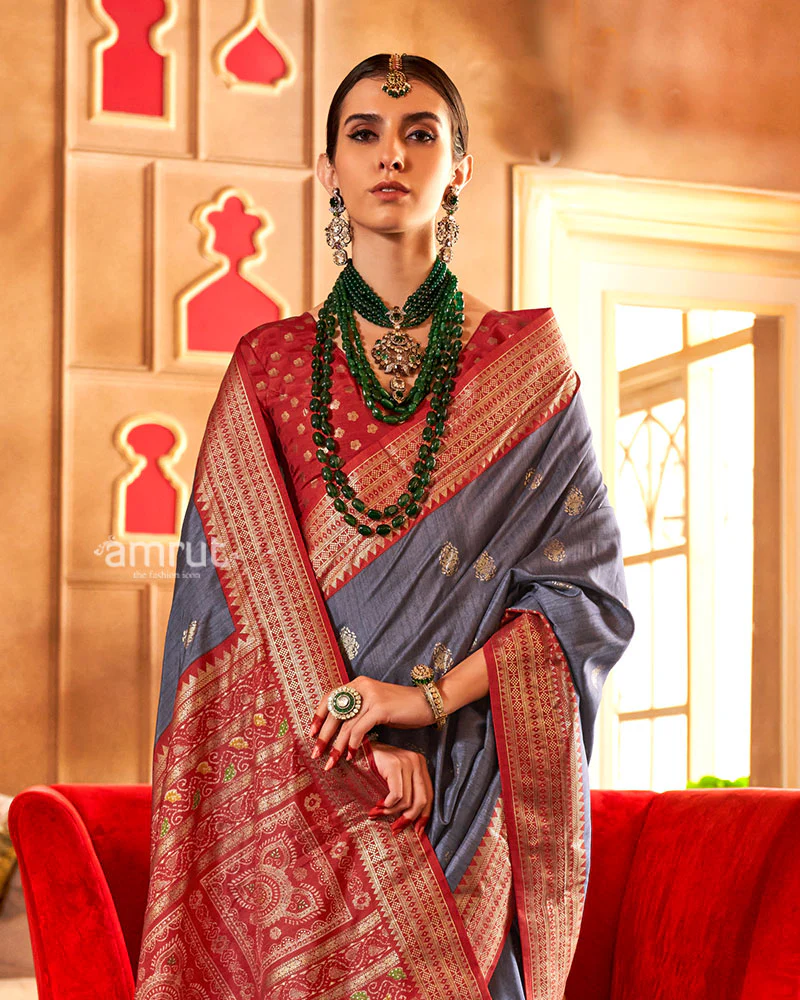 Grey and Red Foil Printed Patola Saree with Unstitched Blouse - Image 2
