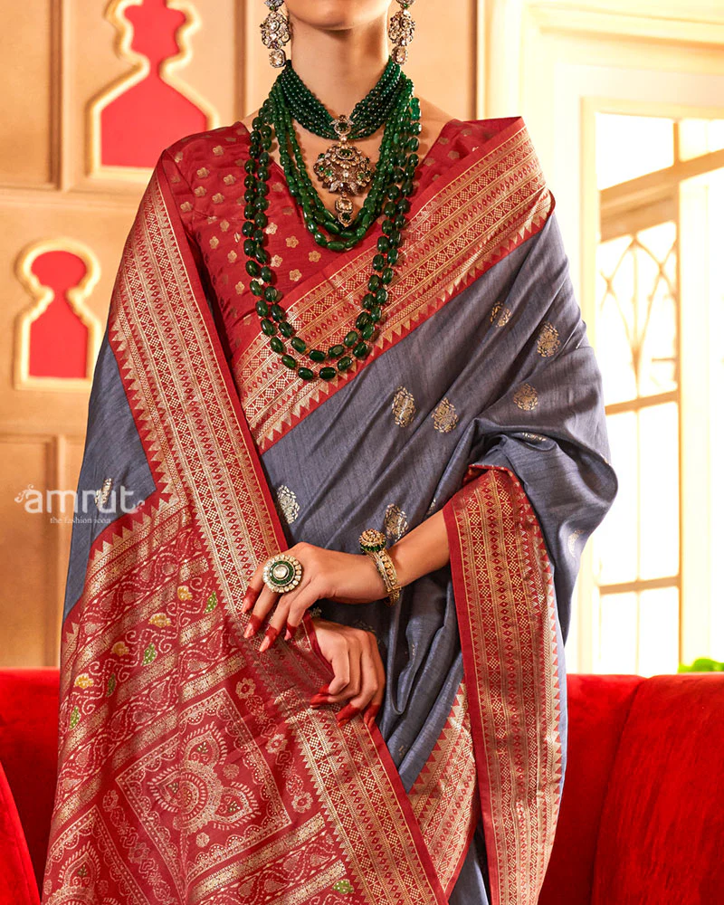 Grey and Red Foil Printed Patola Saree with Unstitched Blouse - Image 3