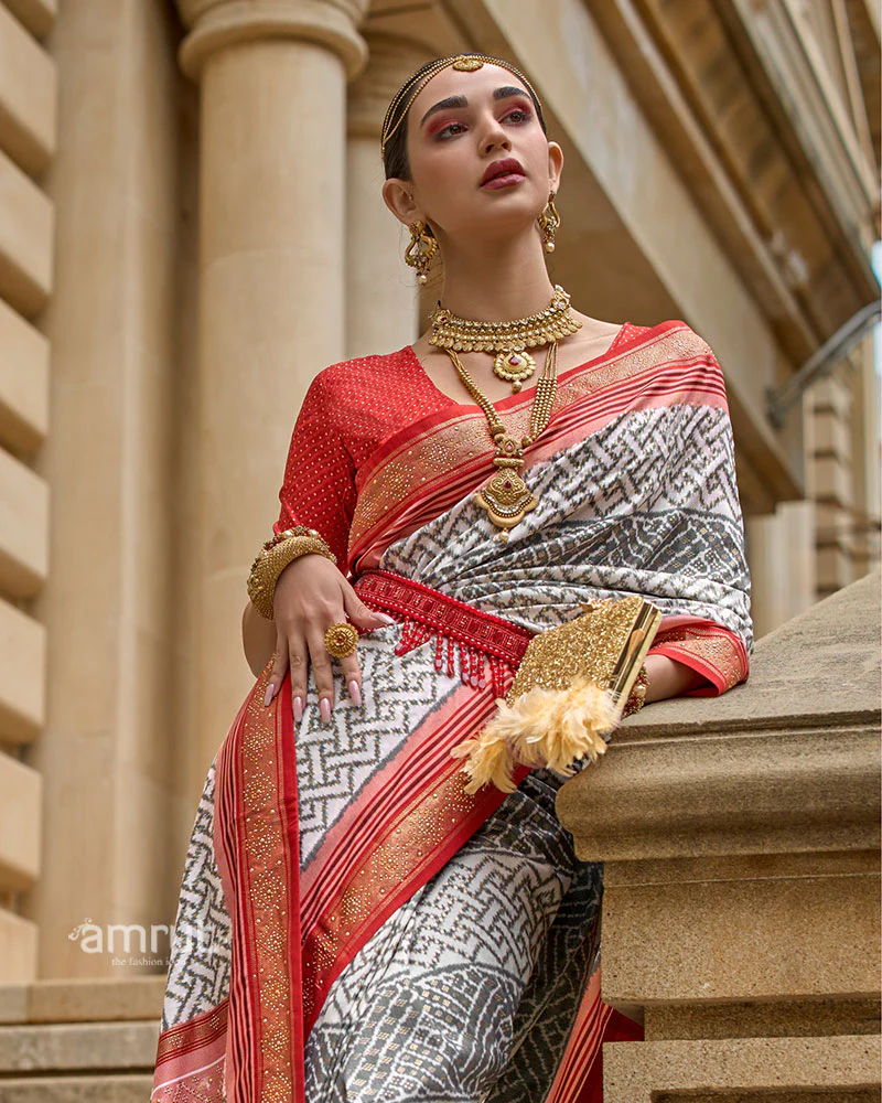 Grey and Red Patola Printed Saree with Zari Border & Unstitched Blouse - Image 2