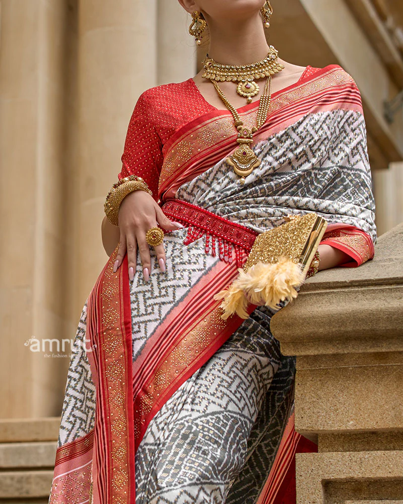 Grey and Red Patola Printed Saree with Zari Border & Unstitched Blouse - Image 3