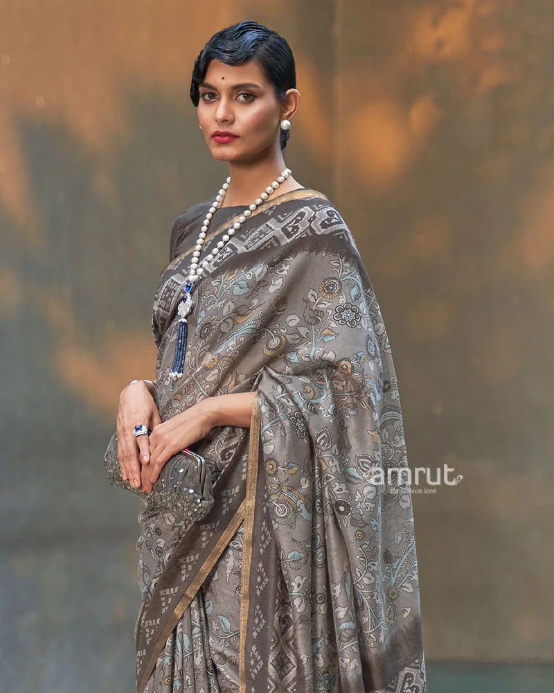 Grey and Taupe Floral Printed Cotton Saree with Unstitched Blouse - Image 2
