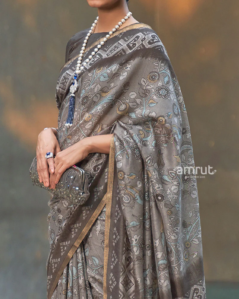 Grey and Taupe Floral Printed Cotton Saree with Unstitched Blouse - Image 3