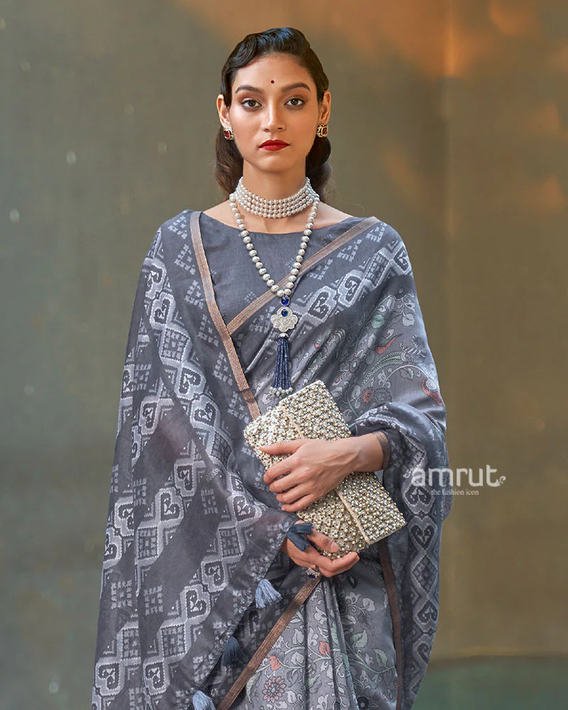Grey and White Floral Printed Cotton Saree with Unstitched Blouse - Image 2