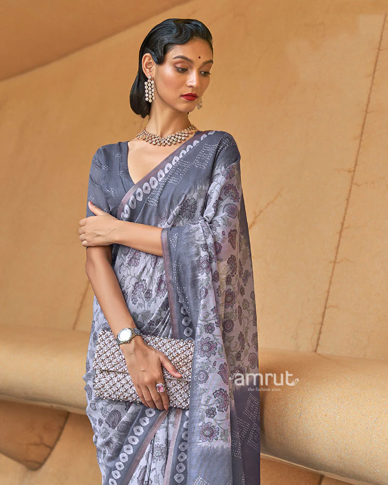 Grey Floral Printed Cotton Saree with Unstitched Blouse - Image 2