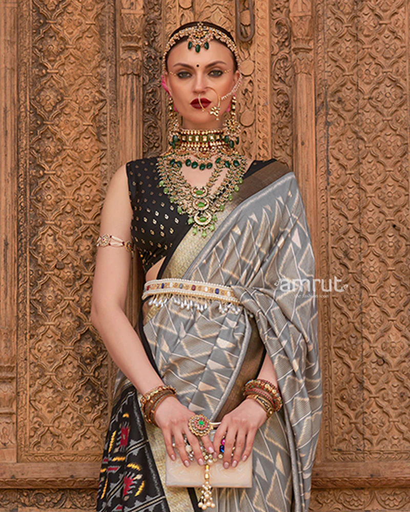 Grey Geometric Patterns & Black Border Patola Silk Saree with Unstitched Blouse - Image 2