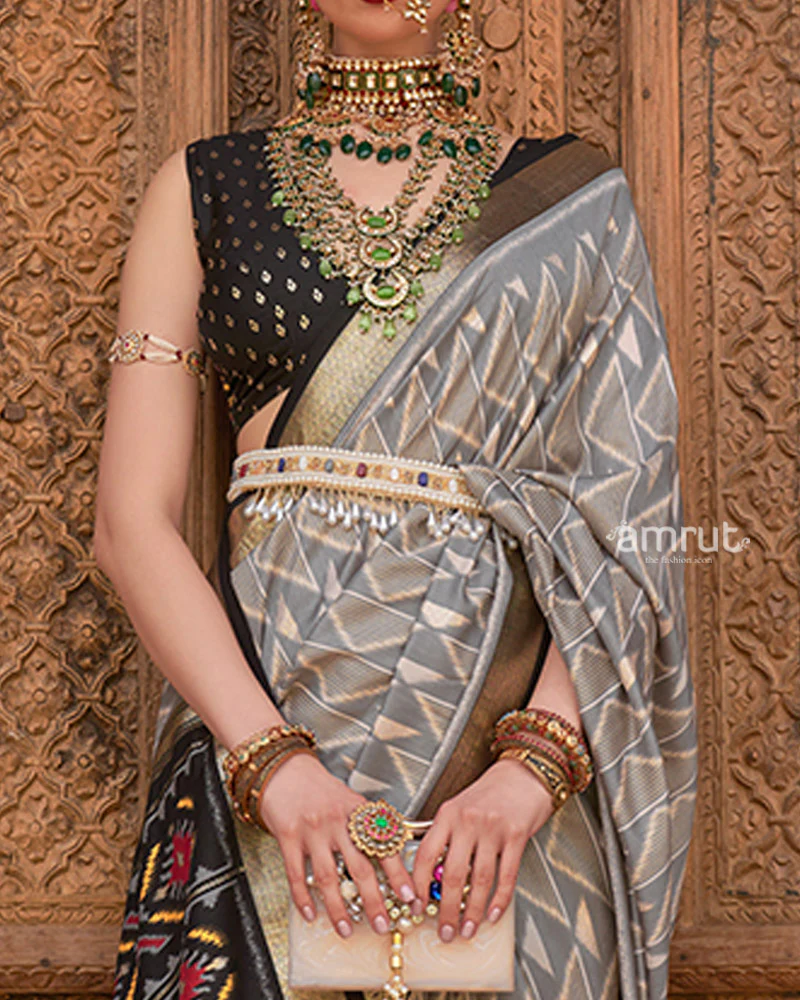 Grey Geometric Patterns & Black Border Patola Silk Saree with Unstitched Blouse - Image 3
