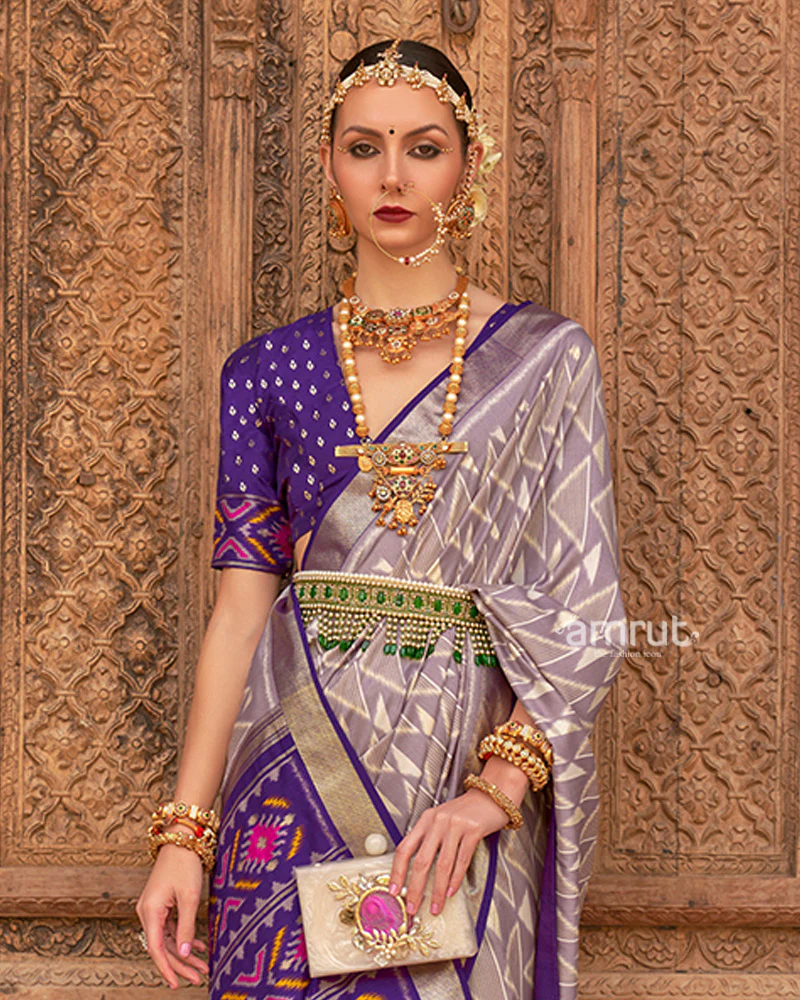 Grey Geometric Patterns & Purple Border Patola Silk Saree with Unstitched Blouse - Image 2