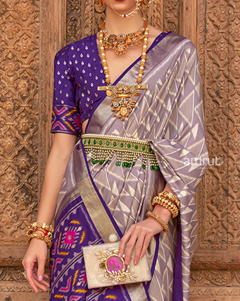Grey Geometric Patterns & Purple Border Patola Silk Saree with Unstitched Blouse - Image 3