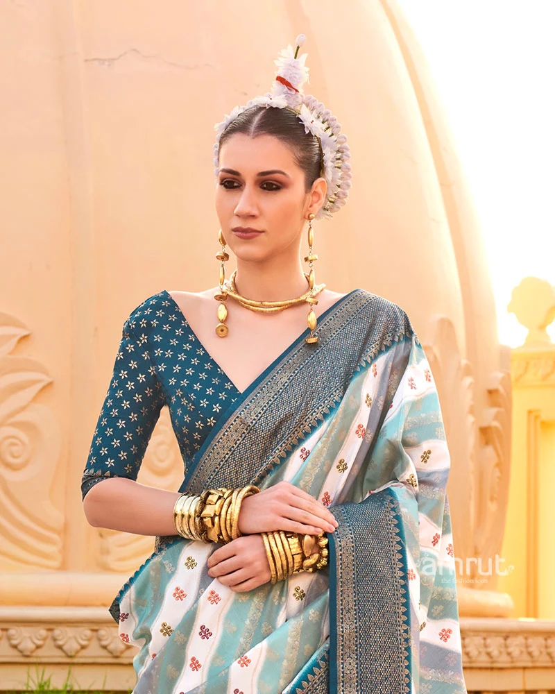 Grey Printed Silk Saree with Unstitched Blouse - Image 2