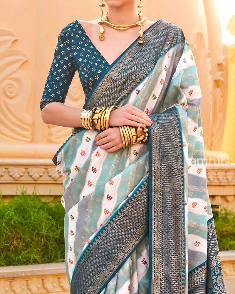 Grey Printed Silk Saree with Unstitched Blouse - Image 3