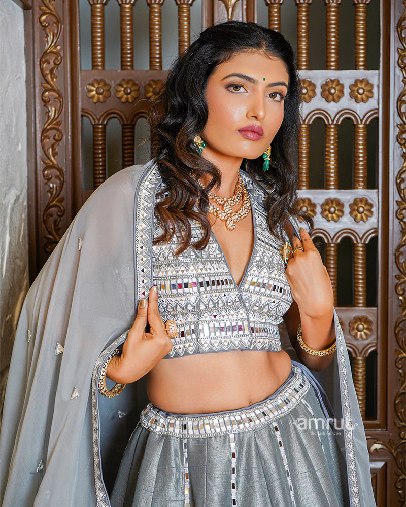Grey Thread and Mirror Work Embroidered Silk Lehenga Set With Dupatta - Image 3