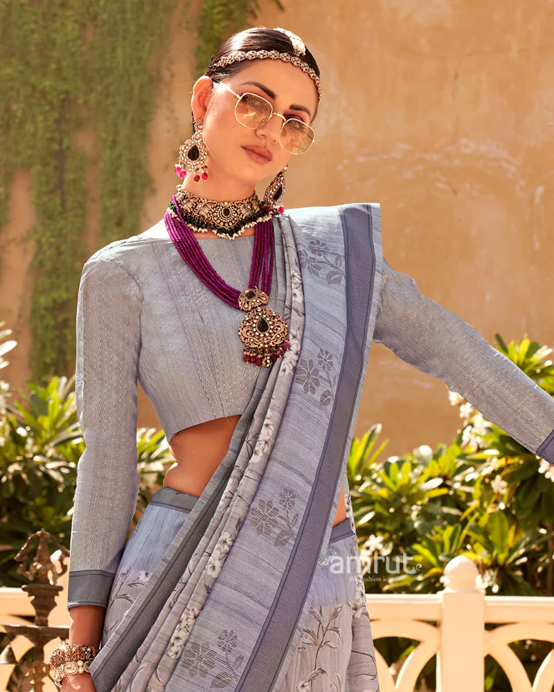 Grey with Blue Border Printed Saree and Unstitched Blouse - Image 2
