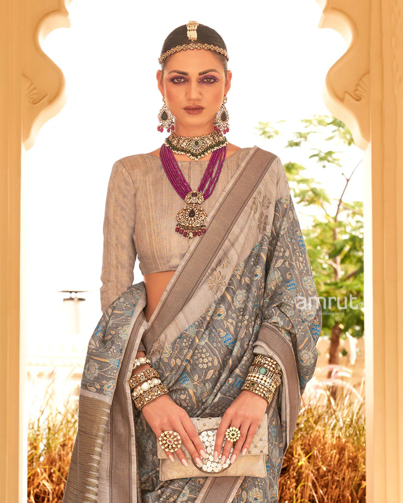 Grey with Light Brown Border Printed Saree and Unstitched Blouse - Image 2