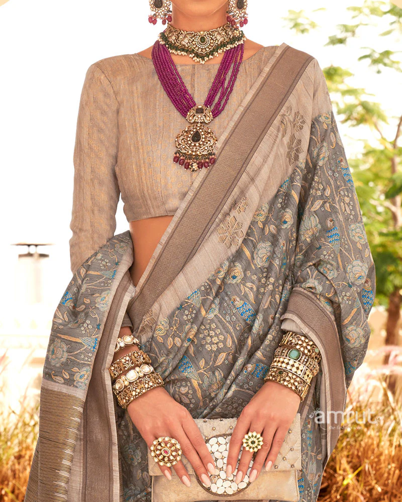 Grey with Light Brown Border Printed Saree and Unstitched Blouse - Image 3