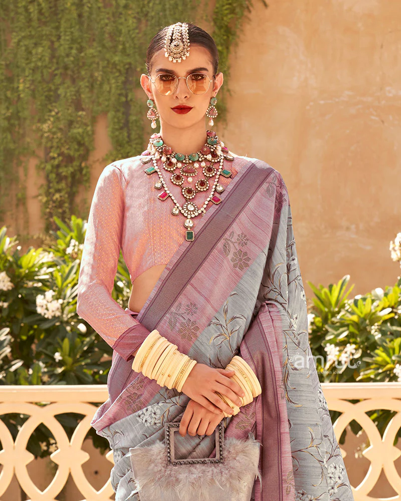 Grey with Pink Border Printed Saree and Unstitched Blouse - Image 2