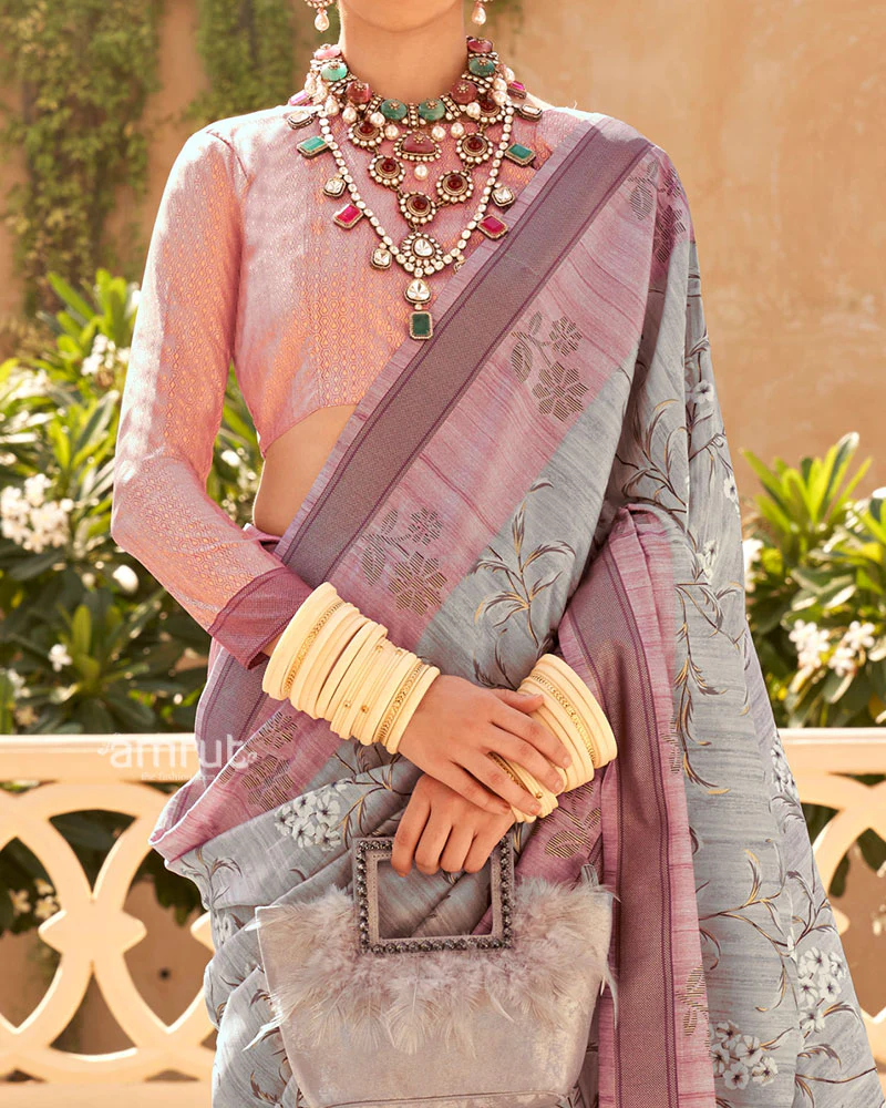 Grey with Pink Border Printed Saree and Unstitched Blouse - Image 3