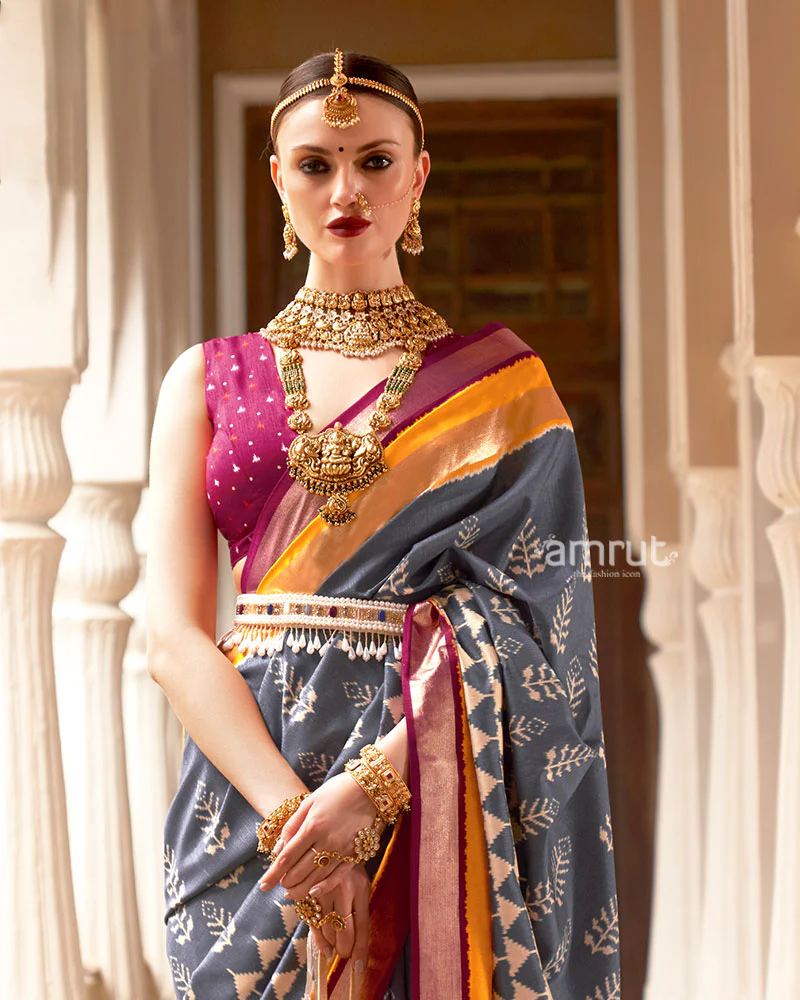 Grey Zari Embellished Borders Silk Saree with Unstitched Blouse - Image 2