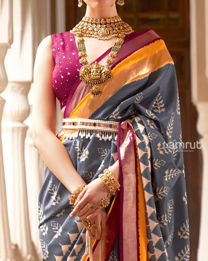 Grey Zari Embellished Borders Silk Saree with Unstitched Blouse - Image 3