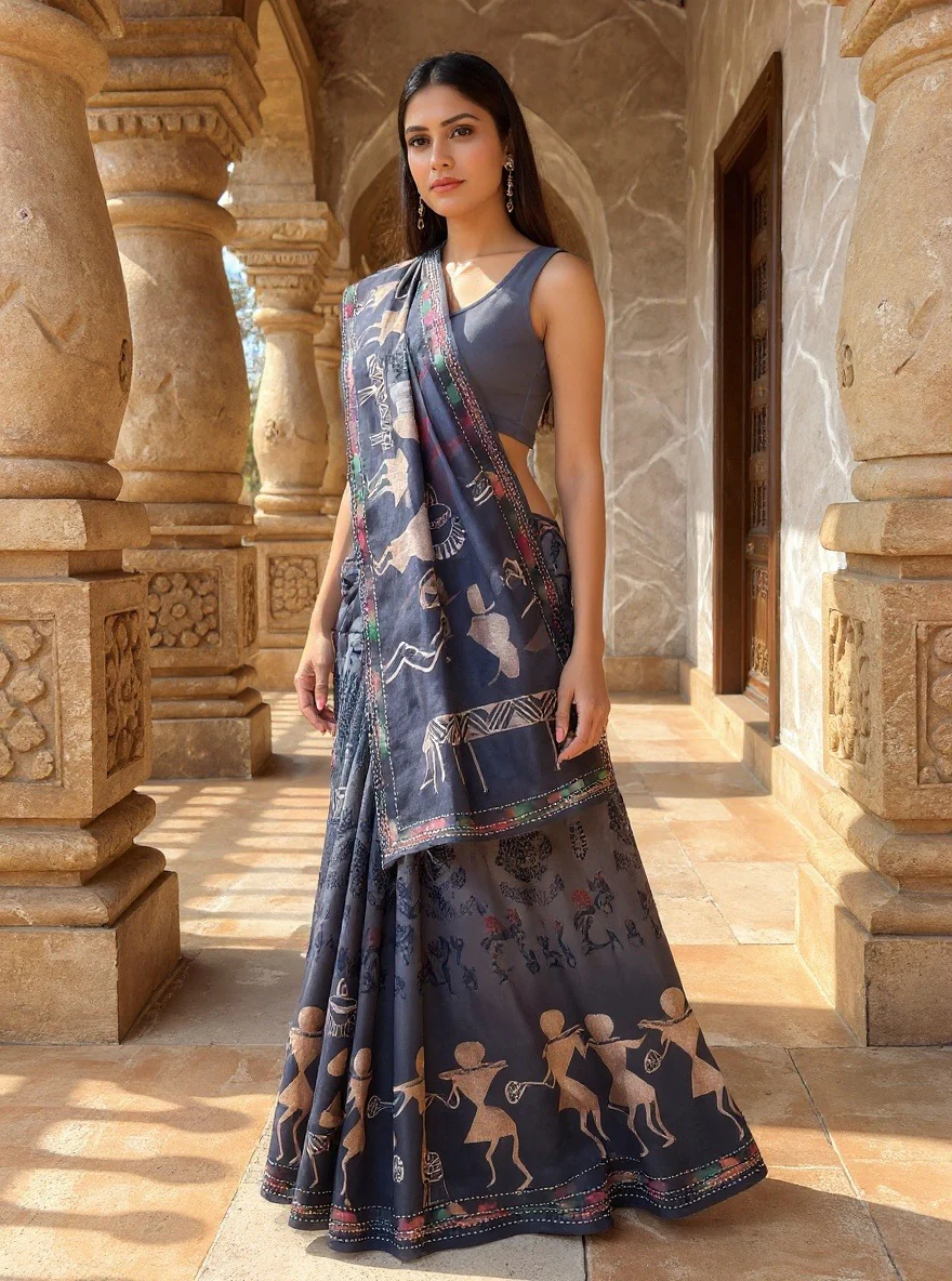 Charcoal Grey PV Cotton Khadi Saree with Traditional Warli Prints Unstitched Blouse - Image 3