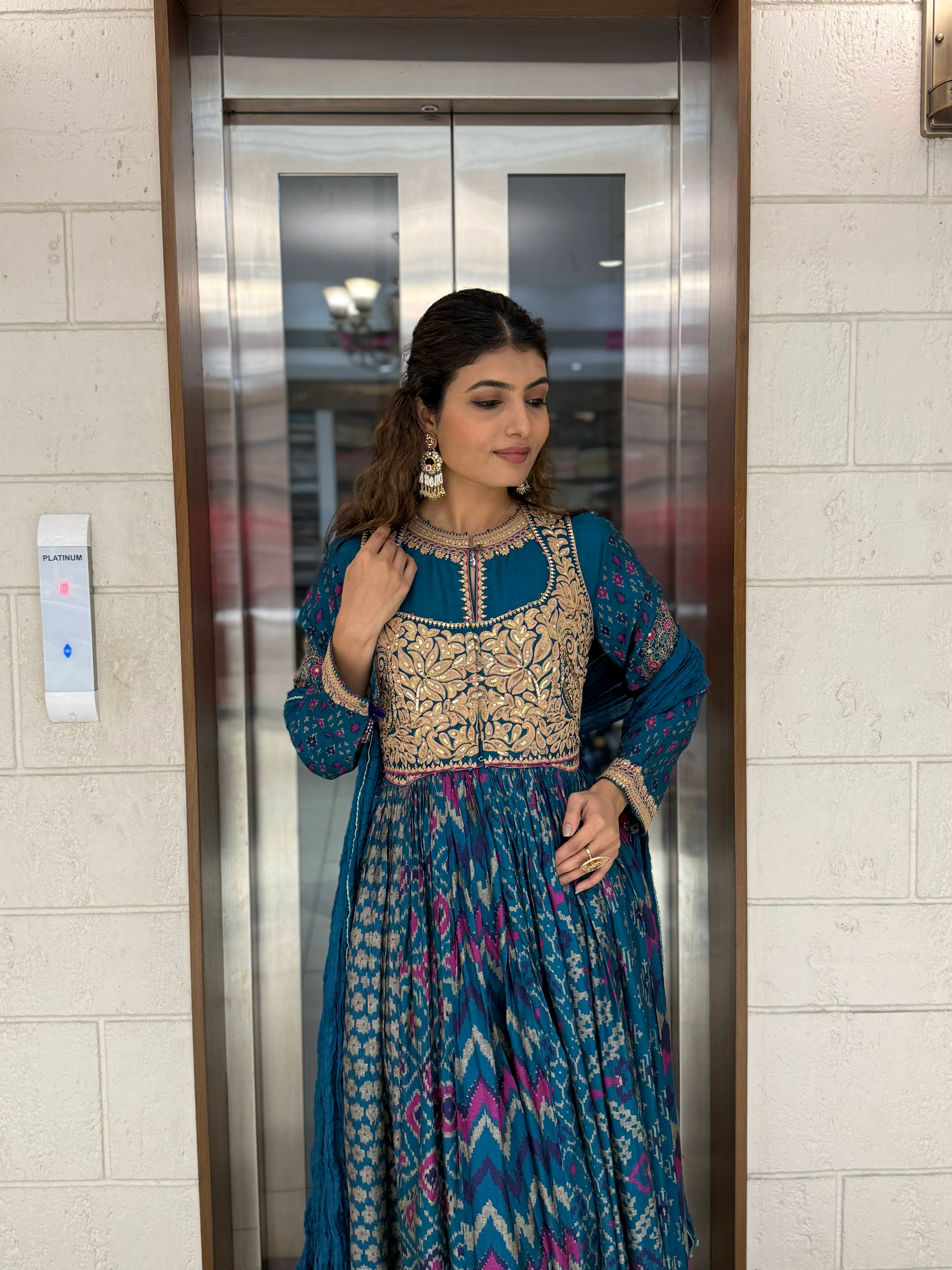 Handcrafted Ikat Silk Anarkali Set with Zari Embroidered Yoke – Available in - Image 10