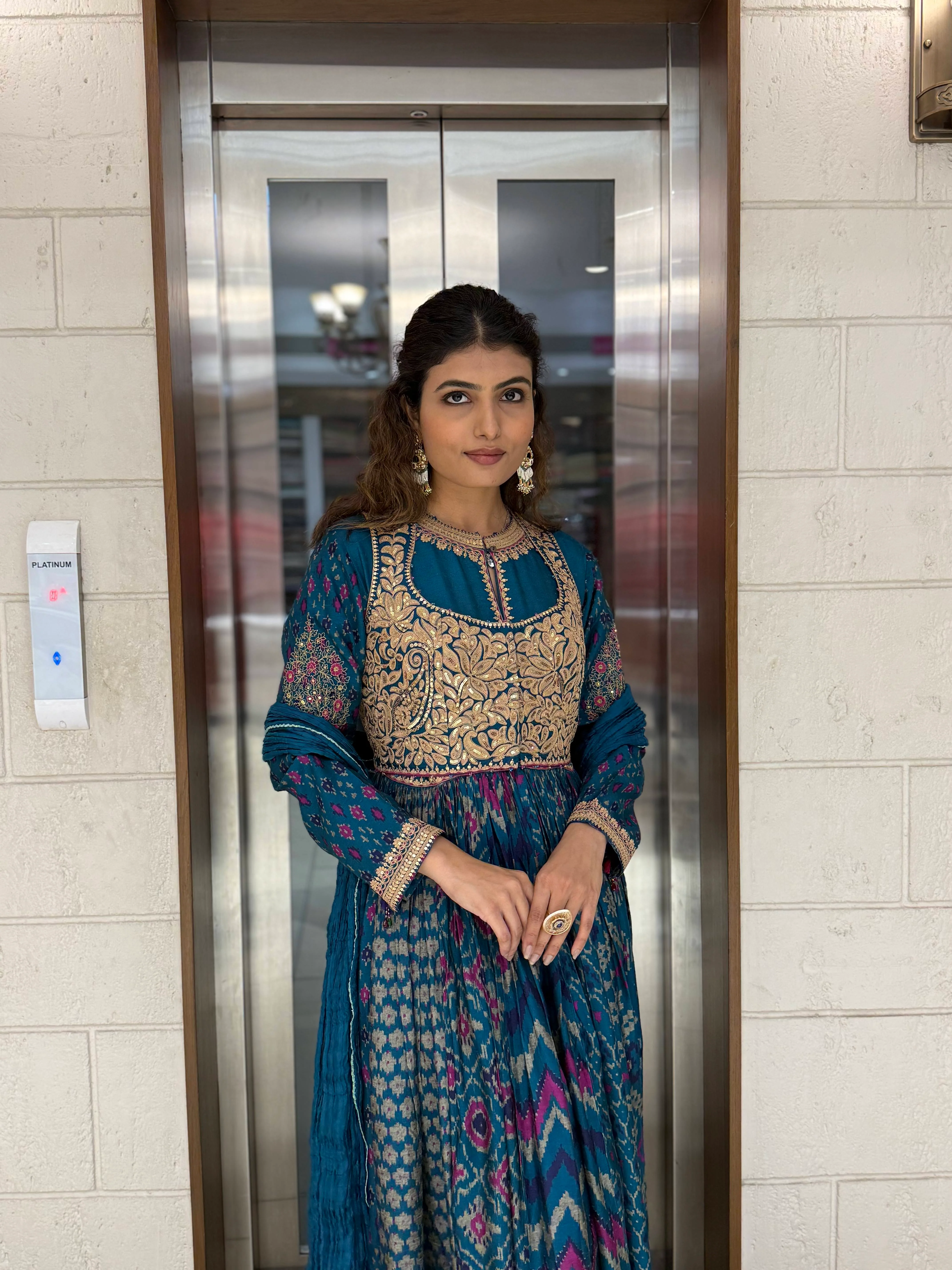 Handcrafted Ikat Silk Anarkali Set with Zari Embroidered Yoke – Available in - Image 11