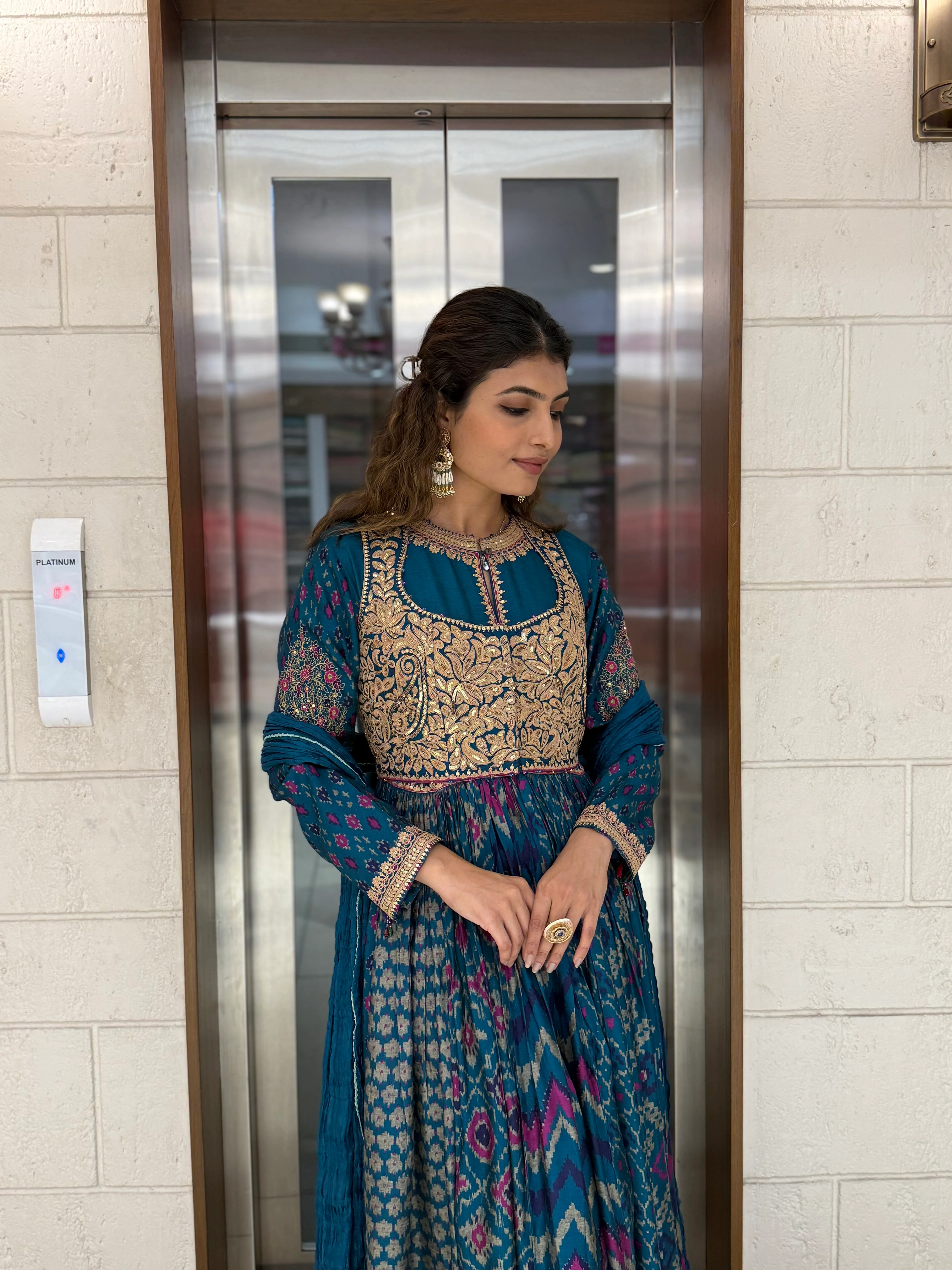 Handcrafted Ikat Silk Anarkali Set with Zari Embroidered Yoke – Available in - Image 12