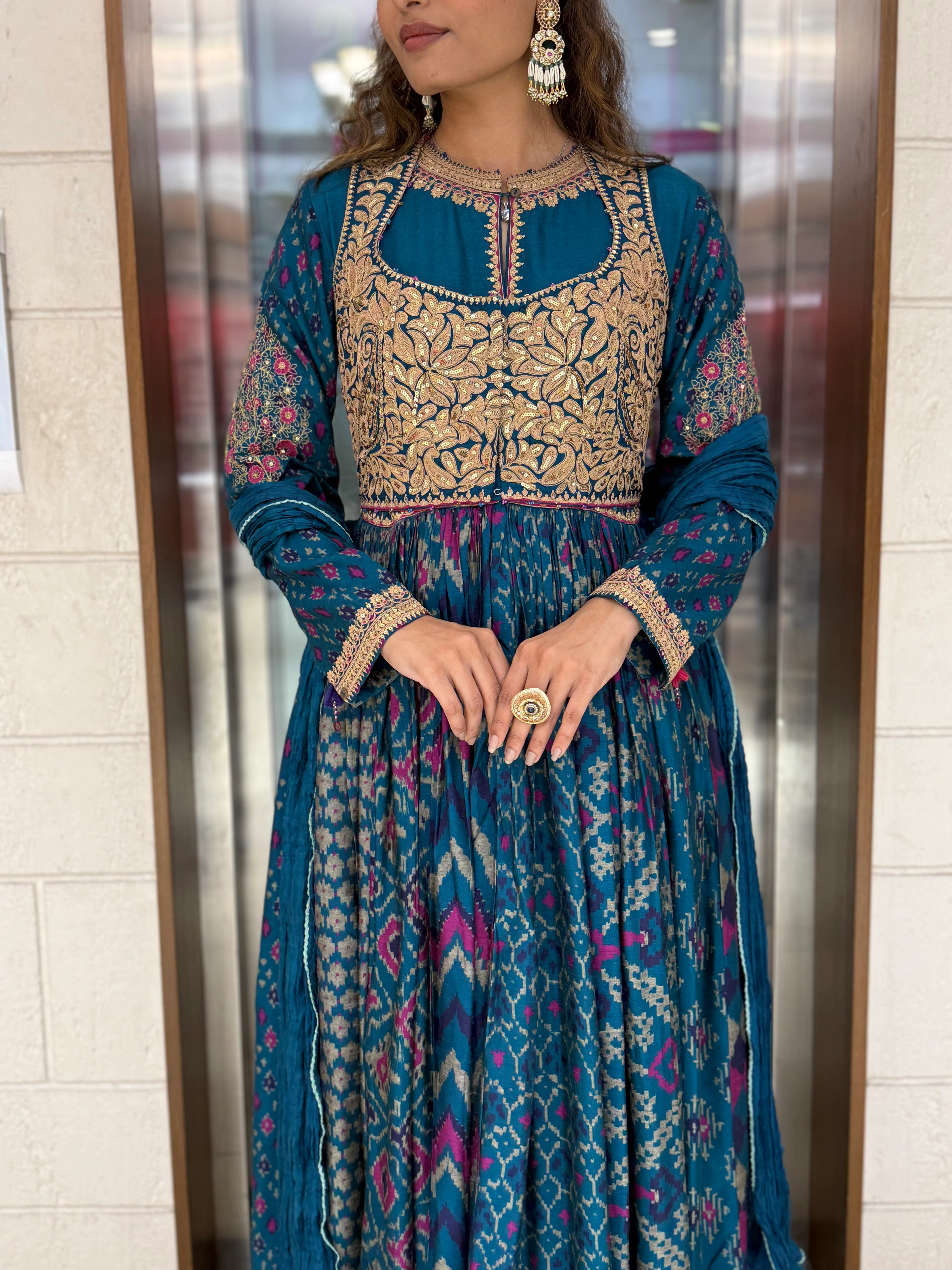 Handcrafted Ikat Silk Anarkali Set with Zari Embroidered Yoke – Available in - Image 13