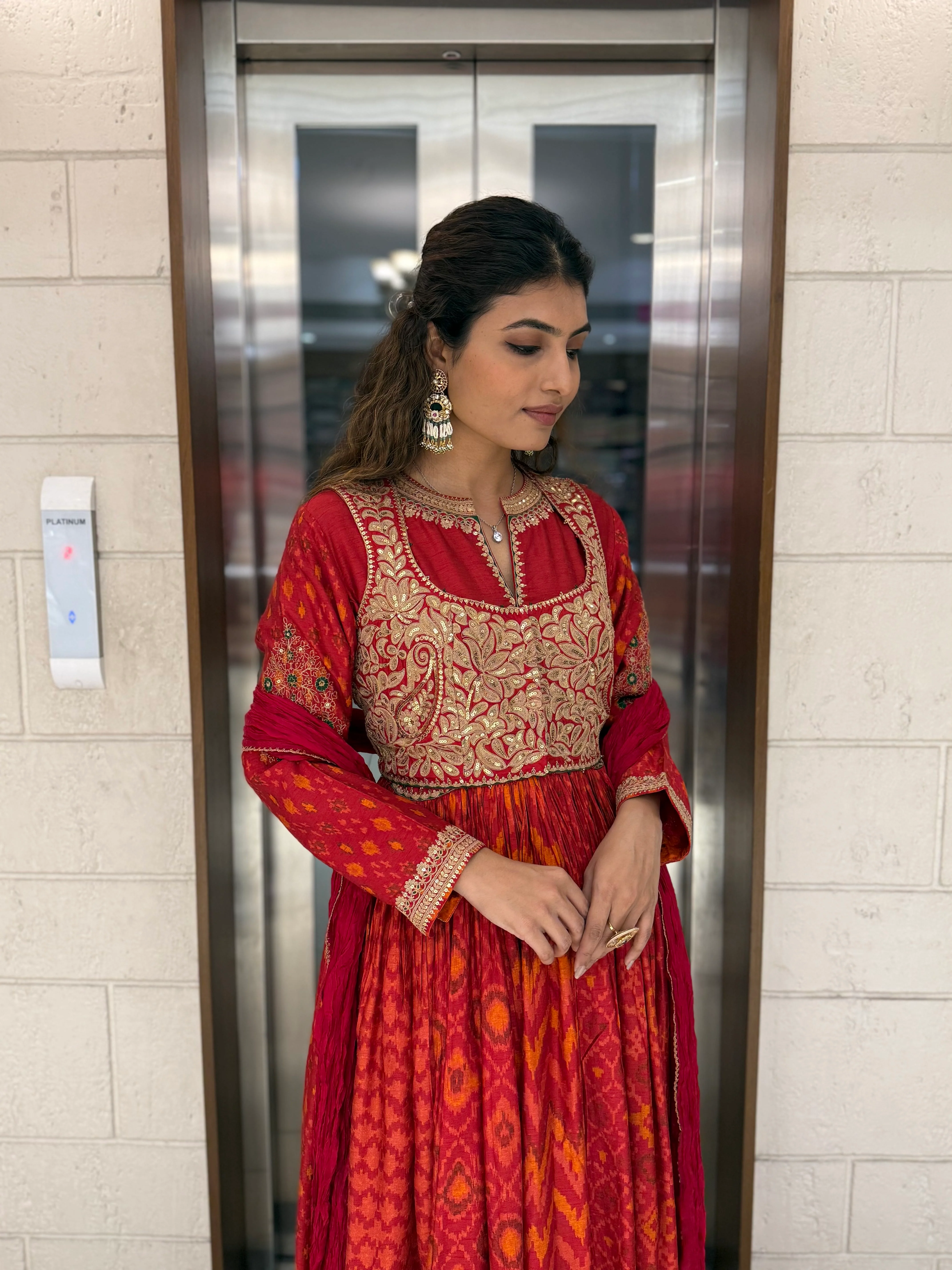 Handcrafted Ikat Silk Anarkali Set with Zari Embroidered Yoke – Available in - Image 14