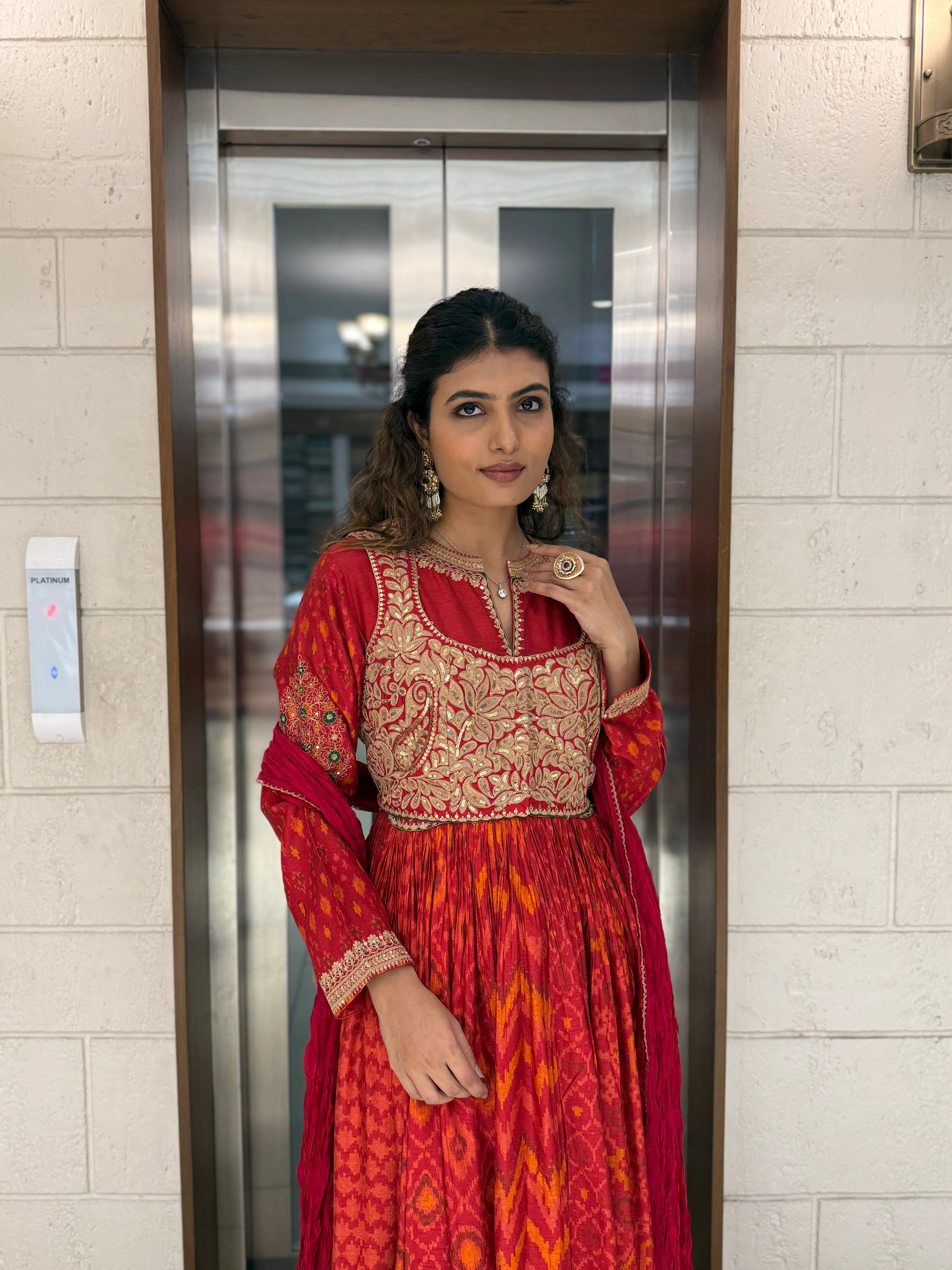 Handcrafted Ikat Silk Anarkali Set with Zari Embroidered Yoke – Available in - Image 15