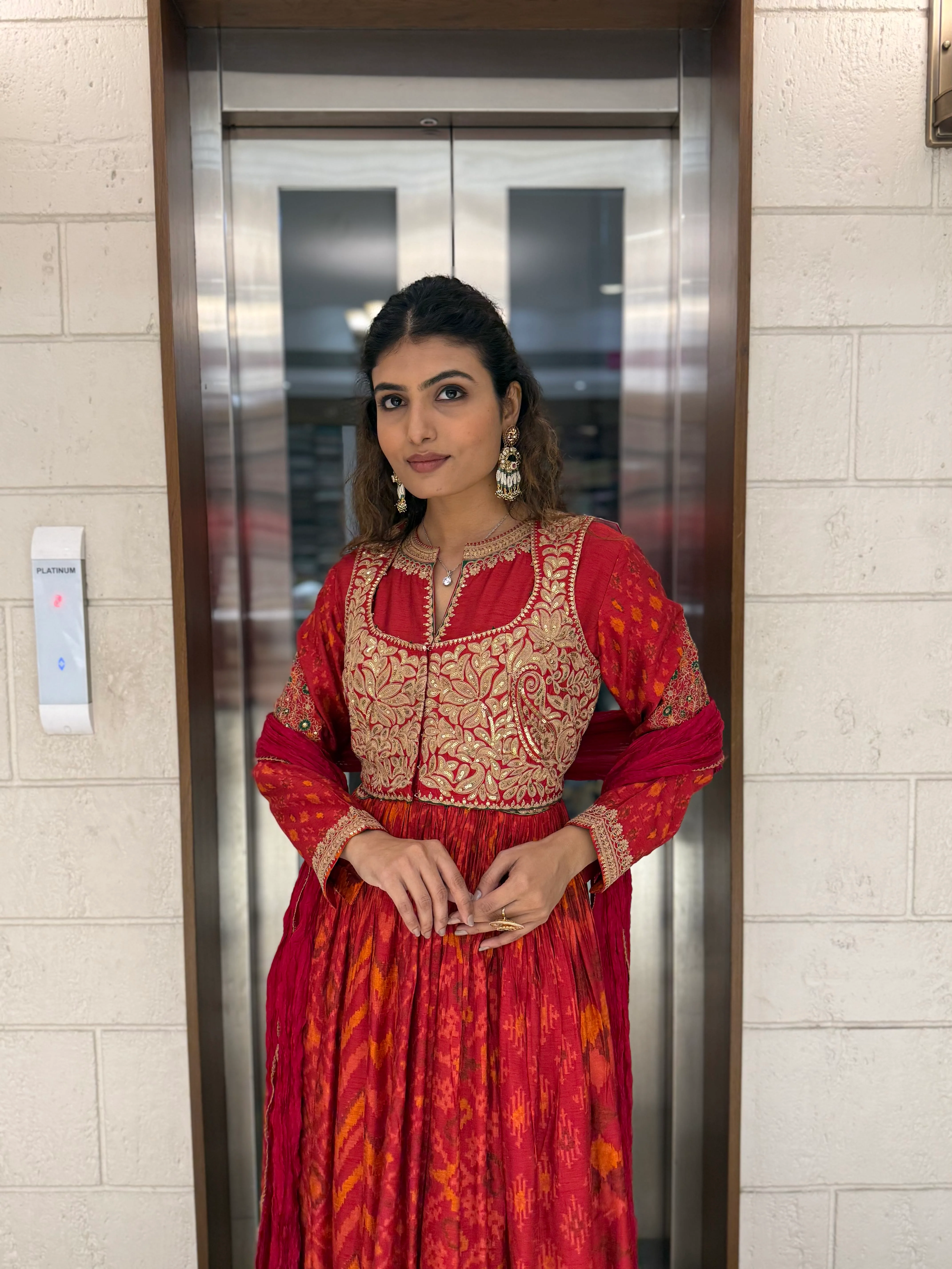 Handcrafted Ikat Silk Anarkali Set with Zari Embroidered Yoke – Available in - Image 16