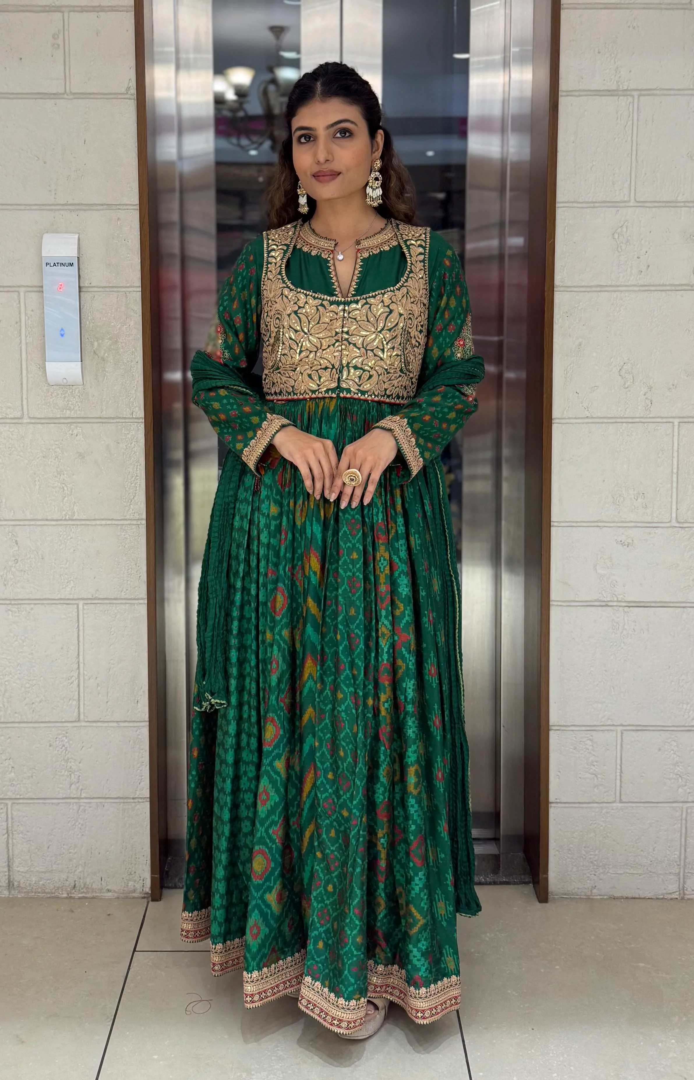 Handcrafted Ikat Silk Anarkali Set with Zari Embroidered Yoke – Available in - Image 18