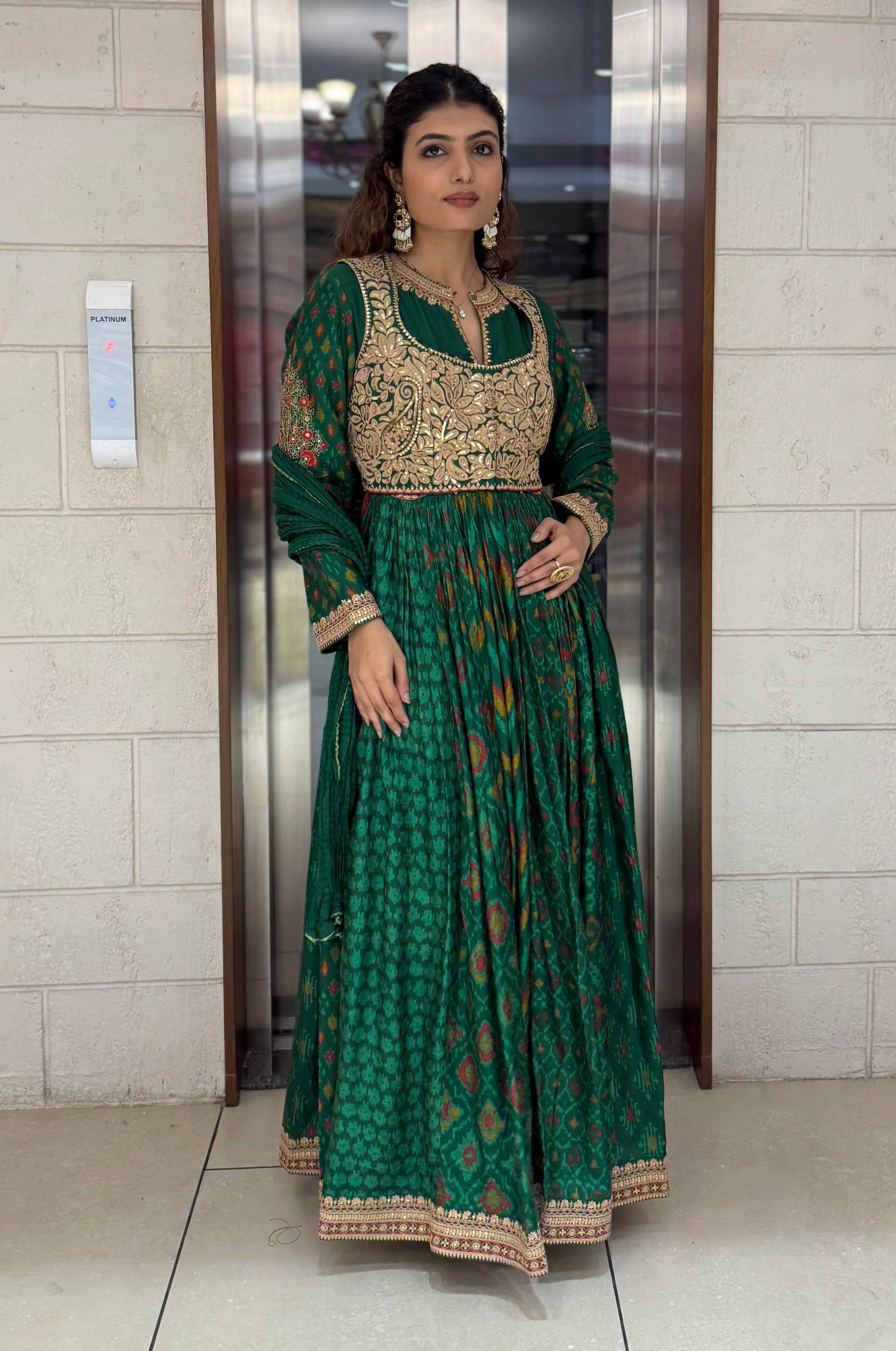 Handcrafted Ikat Silk Anarkali Set with Zari Embroidered Yoke – Available in - Image 19