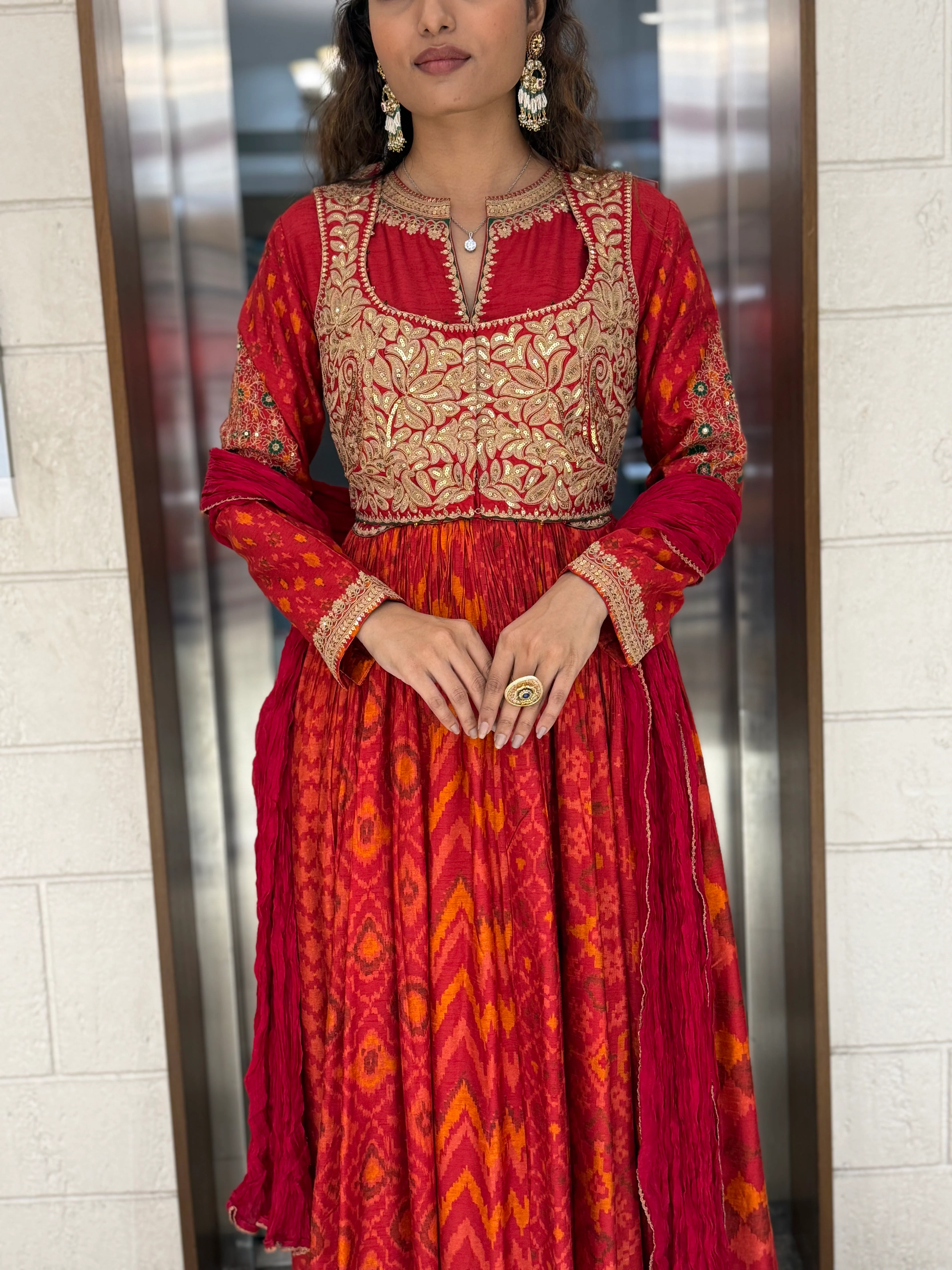 Handcrafted Ikat Silk Anarkali Set with Zari Embroidered Yoke – Available in - Image 2