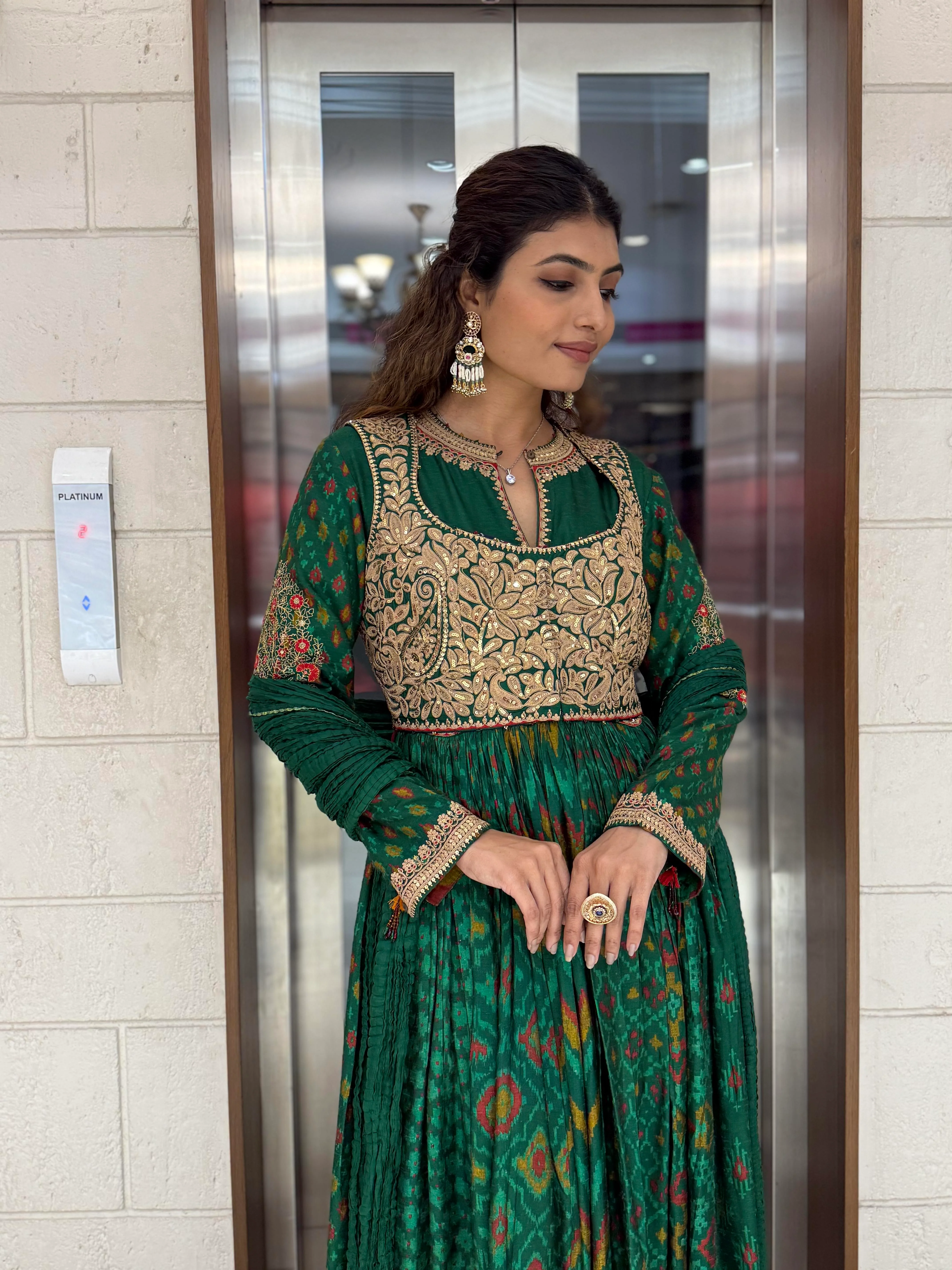 Handcrafted Ikat Silk Anarkali Set with Zari Embroidered Yoke – Available in - Image 20