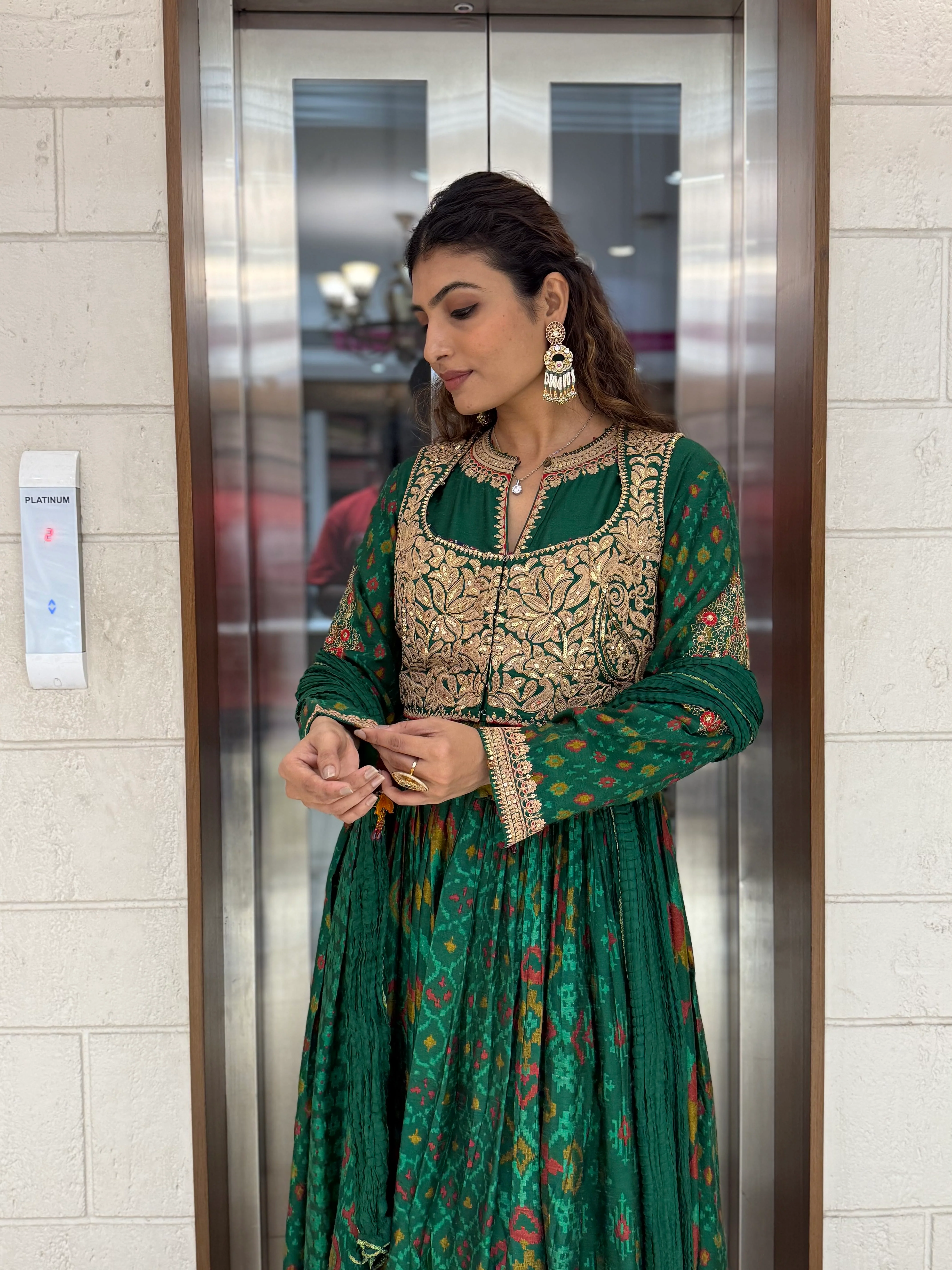 Handcrafted Ikat Silk Anarkali Set with Zari Embroidered Yoke – Available in - Image 21