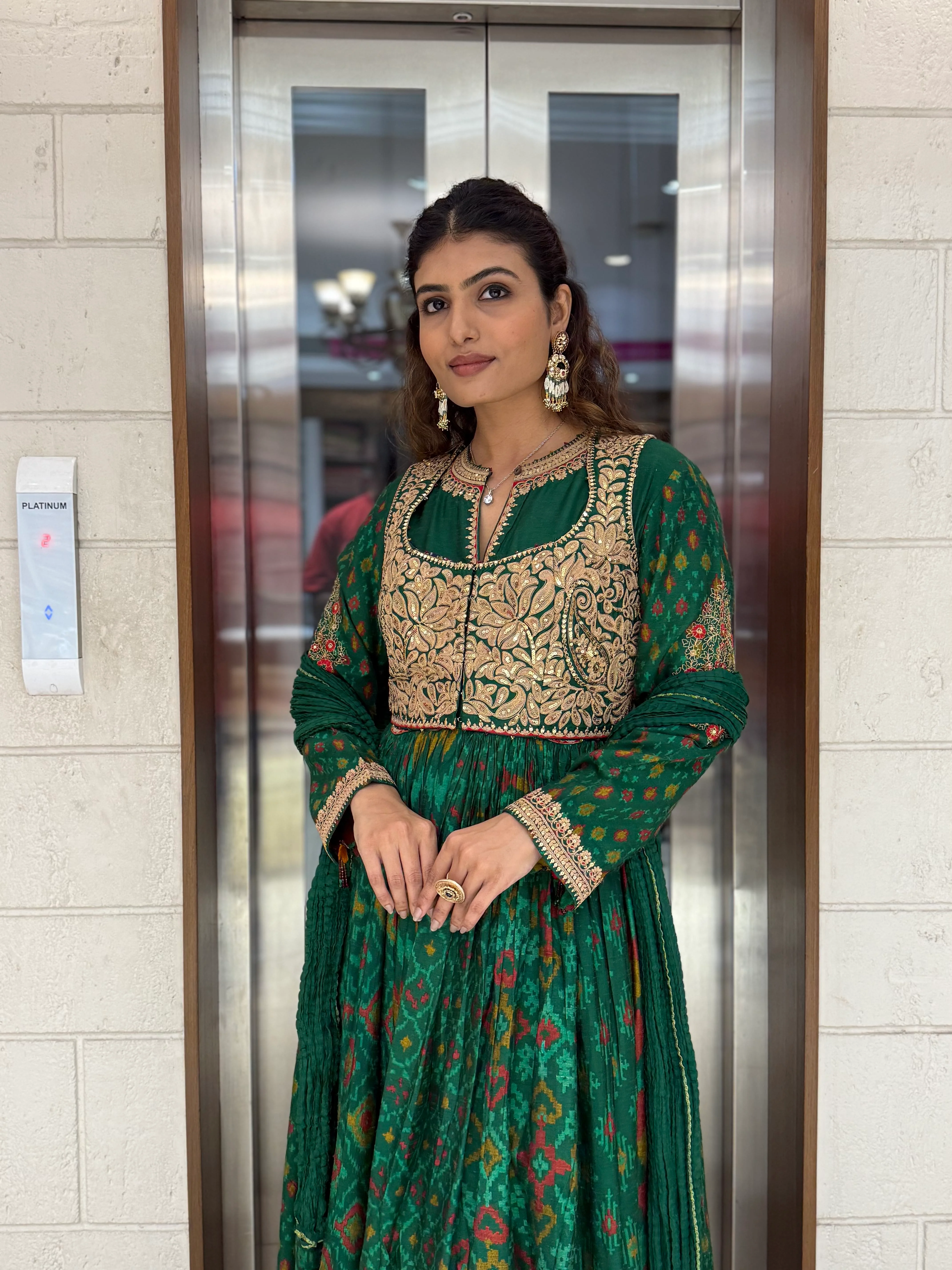 Handcrafted Ikat Silk Anarkali Set with Zari Embroidered Yoke – Available in - Image 22