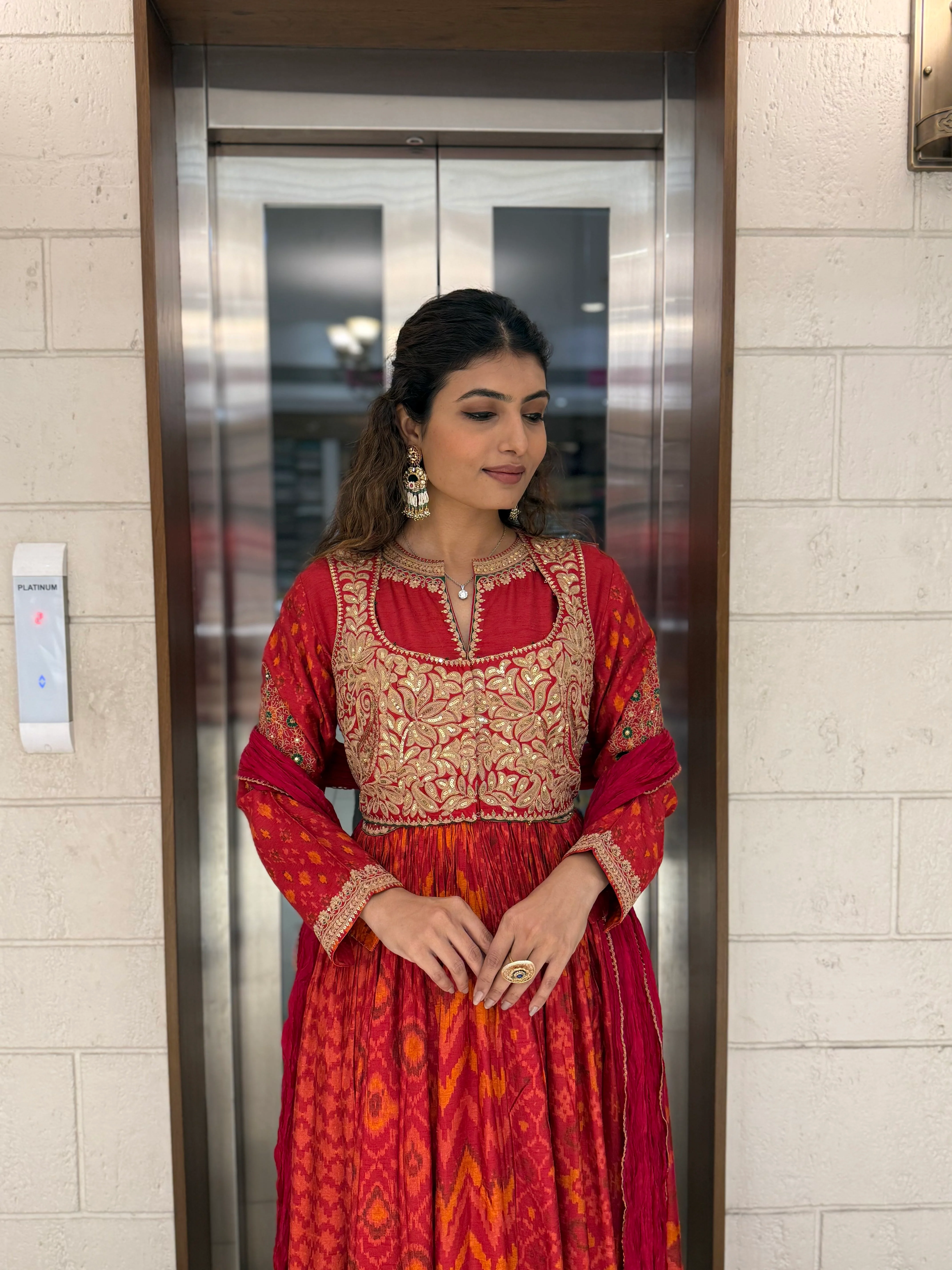 Handcrafted Ikat Silk Anarkali Set with Zari Embroidered Yoke – Available in - Image 3
